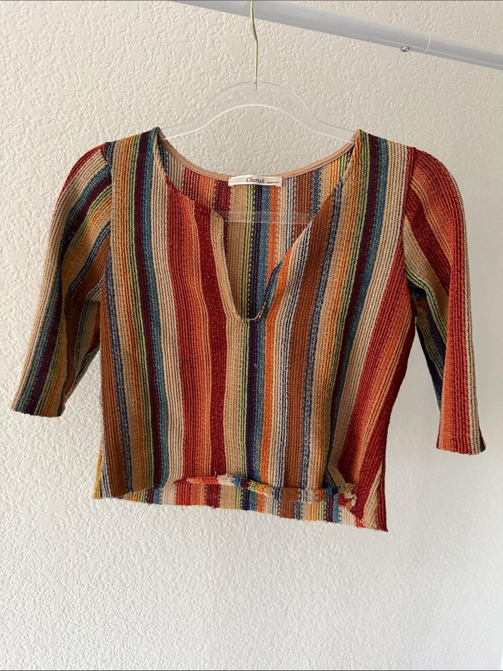 Vintage vertical stripe neutral v neck sleeve cropped top